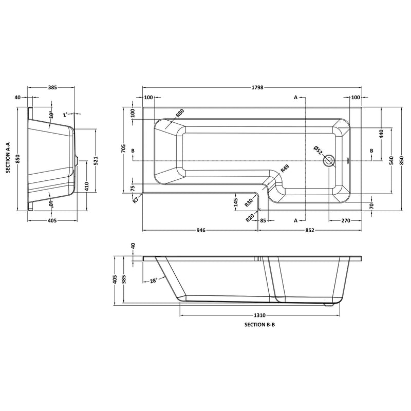 Square Shower Bath - 1800mm x 850mm, Right Hand
