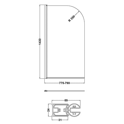 6mm Round Hinged Bath Screen - Brushed Pewter