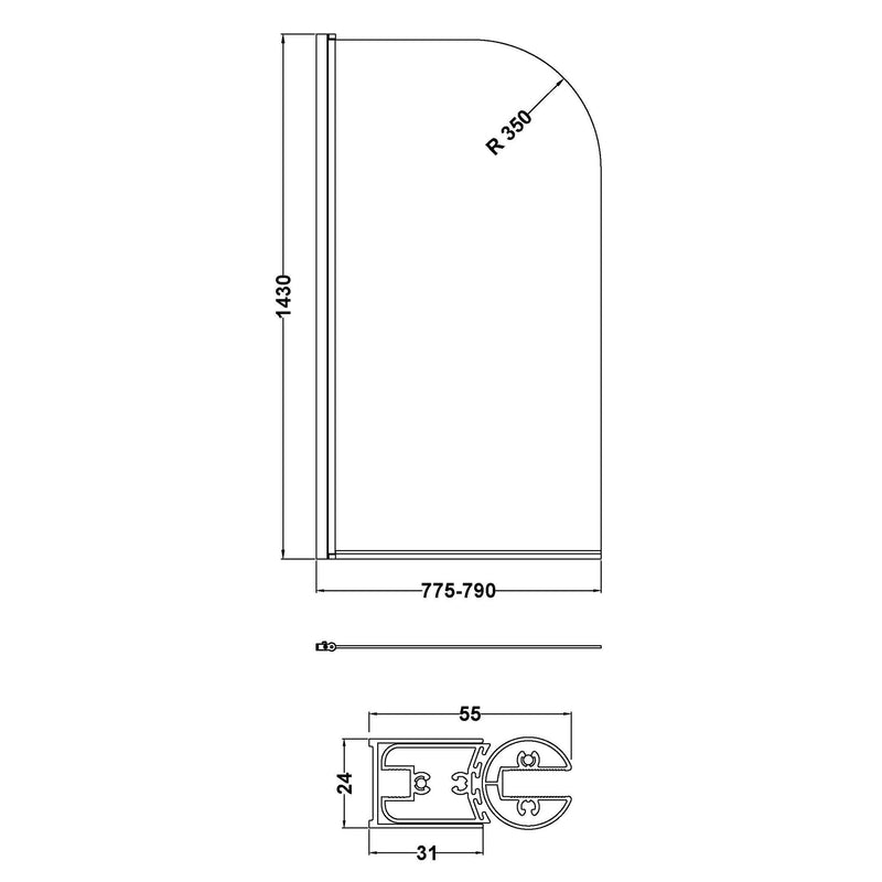 6mm Round Hinged Bath Screen - Brushed Pewter