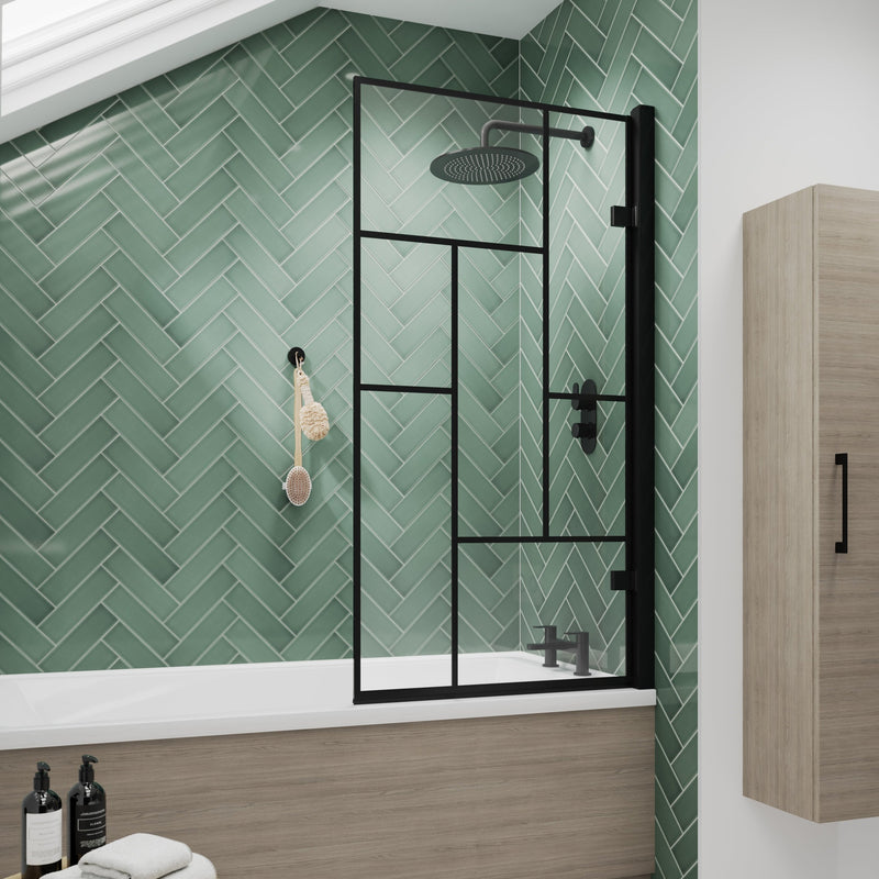 8mm Abstract Square Hinged Bath Screen - Matt Black