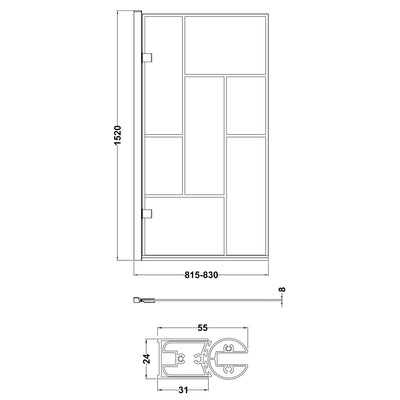 8mm Abstract Square Hinged Bath Screen - Matt Black