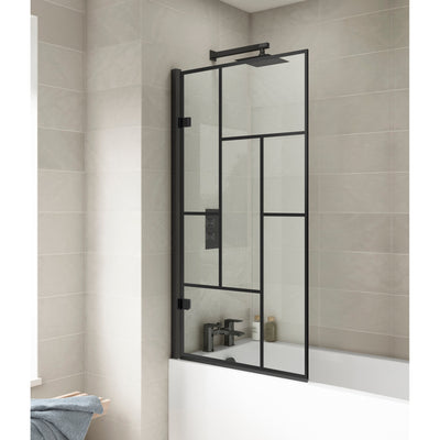 8mm Abstract Square Hinged Bath Screen - Matt Black