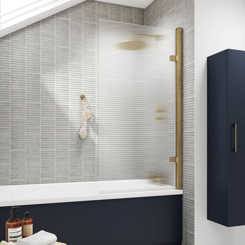 8mm Fluted Square Hinged Bath Screen - Brushed Brass