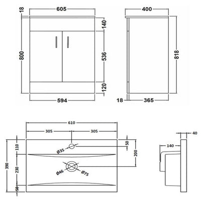 Lomond 600mm Floor Standing Vanity Unit & Mid-Edge Basin