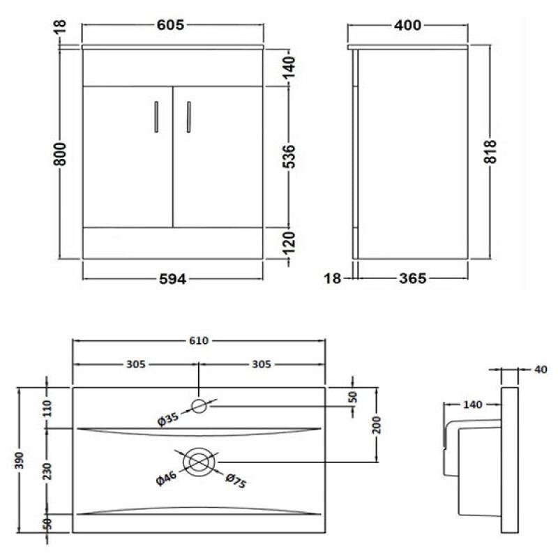 Lomond 600mm Floor Standing Vanity Unit & Mid-Edge Basin