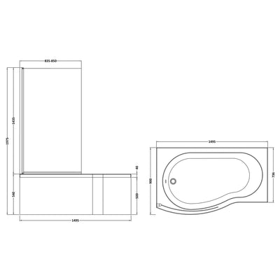 B-Shaped Shower Bath With Chrome Shower Screen & Panel - 1500mm x 900mm, Left Hand