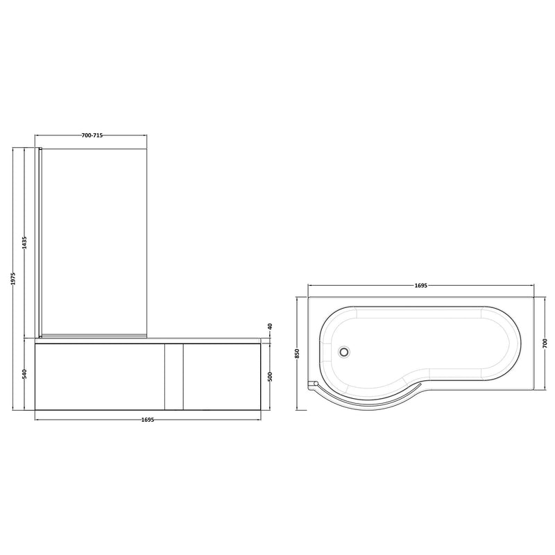 P-Shaped Shower Bath, Chrome Shower Screen & Panel - 1700mm x 850mm, Left Hand