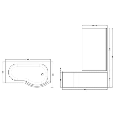 P-Shaped Shower Bath, Chrome Shower Screen & Panel - 1500mm x 850mm, Right Hand