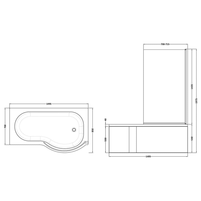 P-Shaped Shower Bath, Chrome Shower Screen & Panel - 1500mm x 850mm, Right Hand
