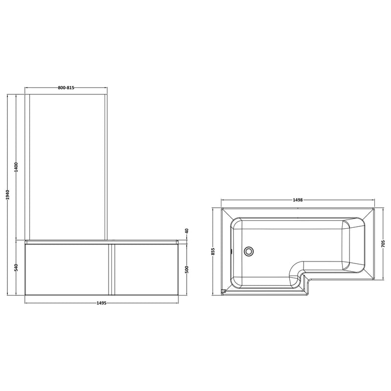 Square Shower Bath With Chrome Shower Screen & Panel - 1500mm x 850mm, Left Hand