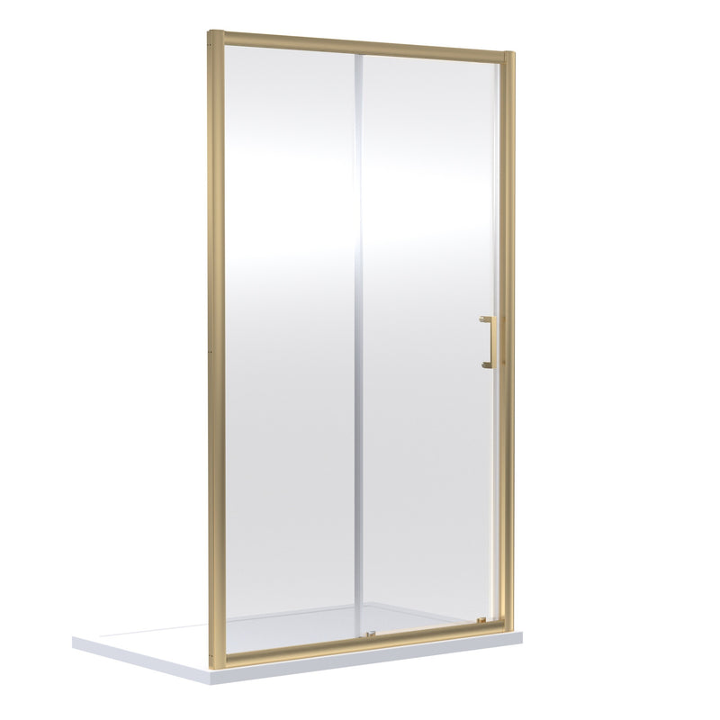Porto Brushed Brass 6mm Sliding Shower Door With White Stone Resin Tray & Waste - 1000 x 700mm