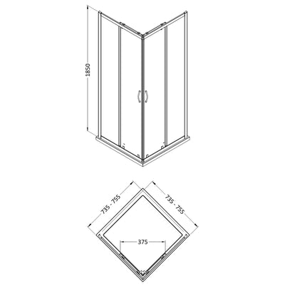 Lisbon 5mm Corner Entry Shower Enclosure - 760 x 760mm, 1850mm High, Chrome