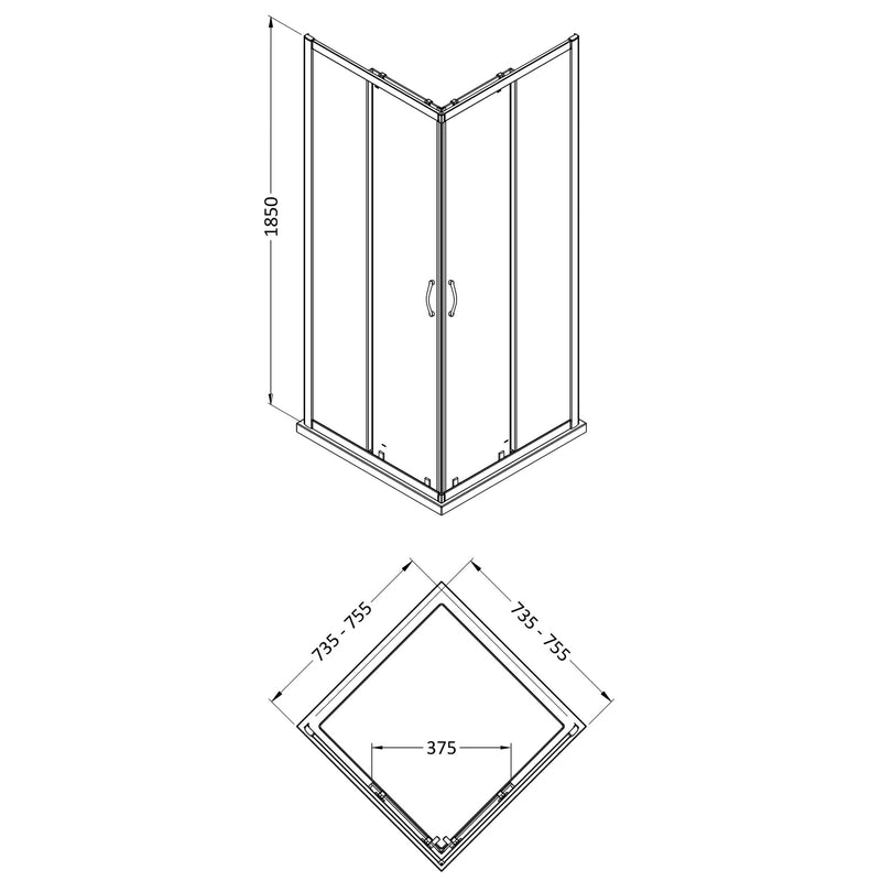 Lisbon 5mm Corner Entry Shower Enclosure - 760 x 760mm, 1850mm High, Chrome
