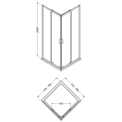 Lisbon 5mm Corner Entry Shower Enclosure - 800 x 800mm, 1850mm High, Chrome
