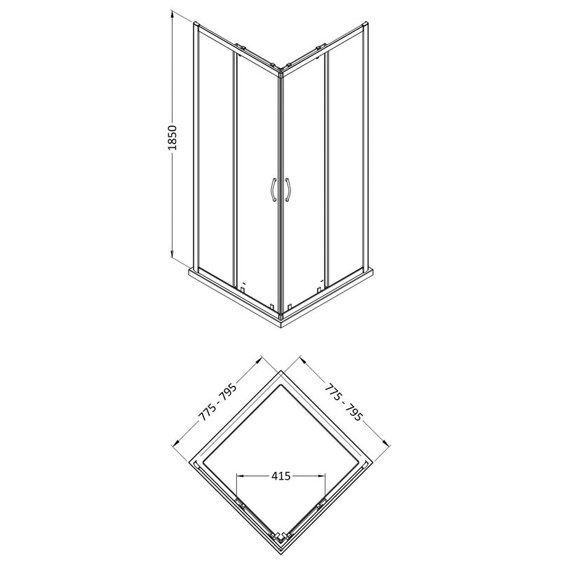 Lisbon 5mm Corner Entry Shower Enclosure - 800 x 800mm, 1850mm High, Chrome