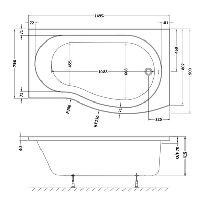 B-Shaped Shower Bath - 1500mm x 900mm, Right Hand