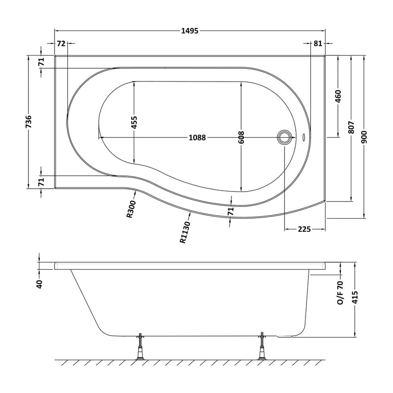 B-Shaped Shower Bath - 1500mm x 900mm, Right Hand