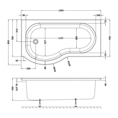P-Shaped Shower Bath - 1500mm x 850mm, Left Hand