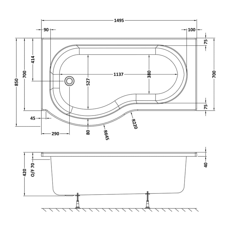 P-Shaped Shower Bath - 1500mm x 850mm, Left Hand