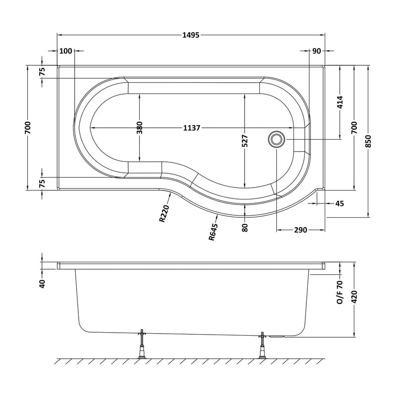 P-Shaped Shower Bath - 1500mm x 850mm, Right Hand