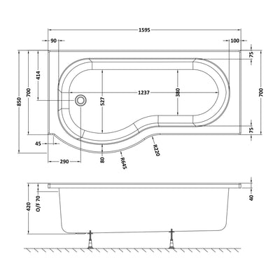 P-Shaped Shower Bath - 1600mm x 850mm, Left Hand
