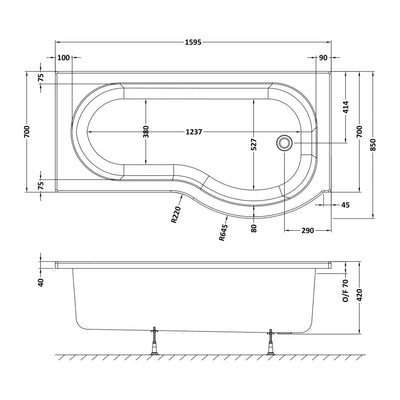 P-Shaped Shower Bath - 1600mm x 850mm, Right Hand