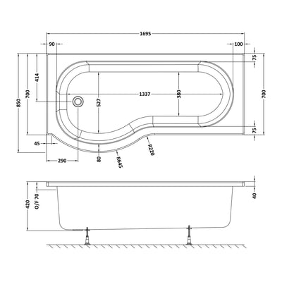 P-Shaped Shower Bath - 1700mm x 850mm, Left Hand