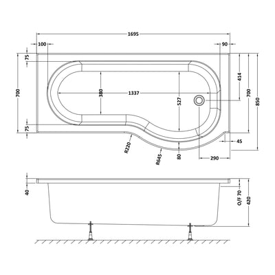 P-Shaped Shower Bath - 1700mm x 850mm, Right Hand