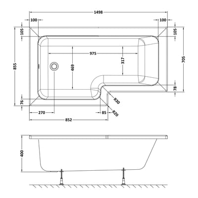 Square Shower Bath - 1500mm x 850mm, Left Hand