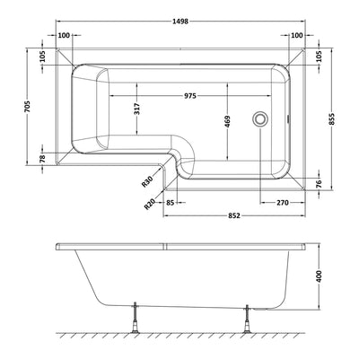 Square Shower Bath - 1500mm x 850mm, Right Hand