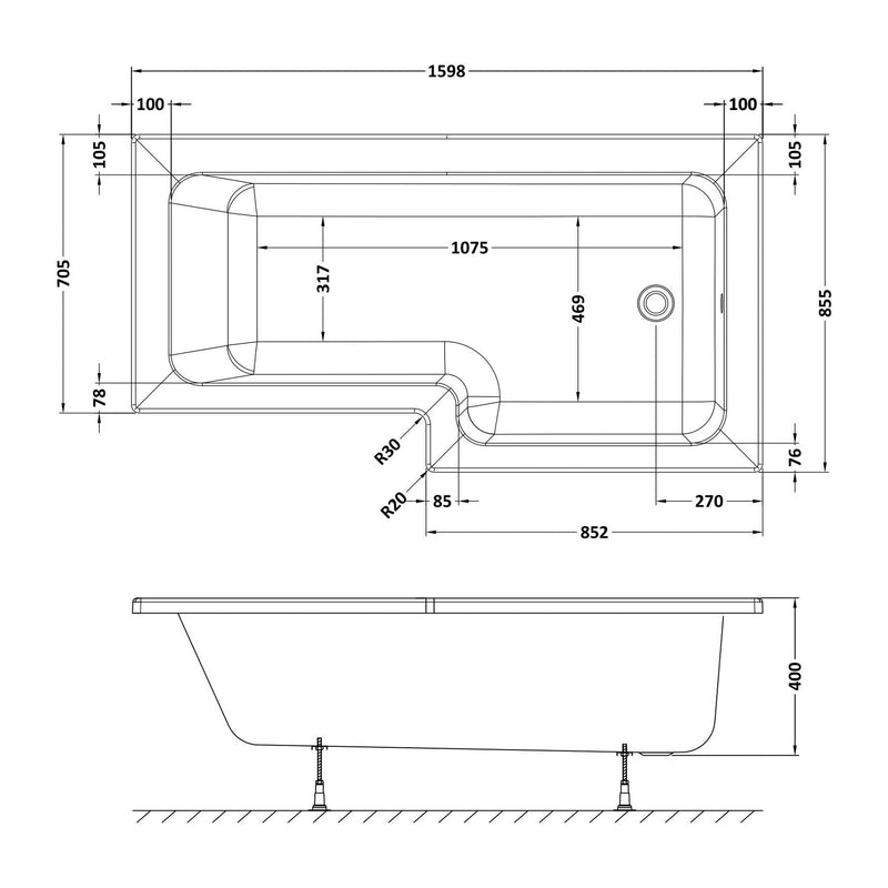 Square Shower Bath - 1600mm x 850mm, Right Hand