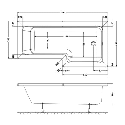 Square Shower Bath - 1700mm x 850mm, Right Hand