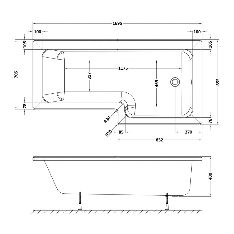 Square Shower Bath - 1700mm x 850mm, Right Hand