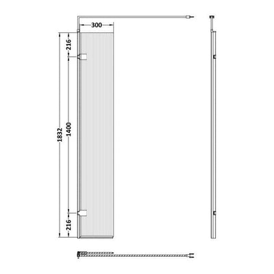 Nuie Fluted 8mm 300mm Hinged Return For Wetroom Screen (1850mm High) - Chrome