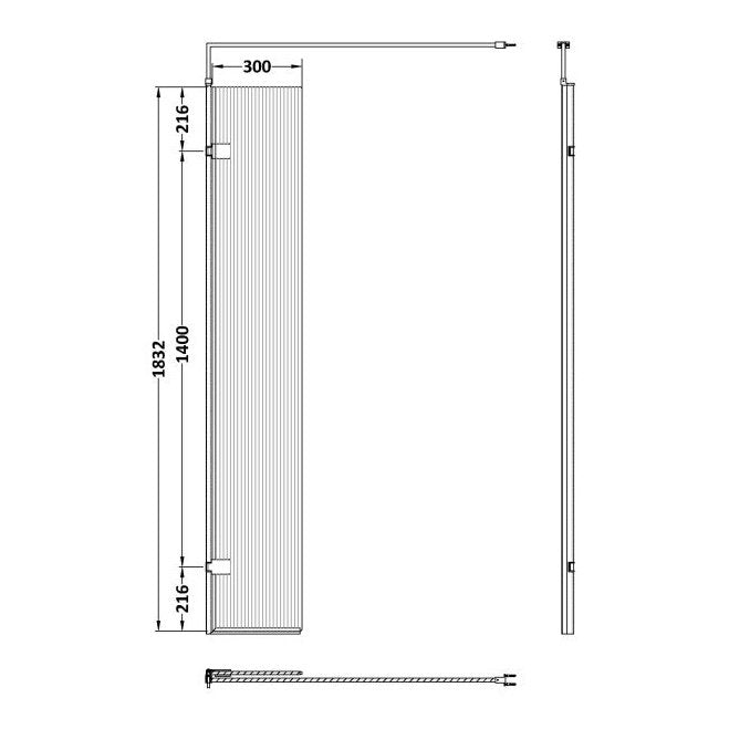 Nuie Fluted 8mm 300mm Hinged Return For Wetroom Screen (1850mm High) - Chrome