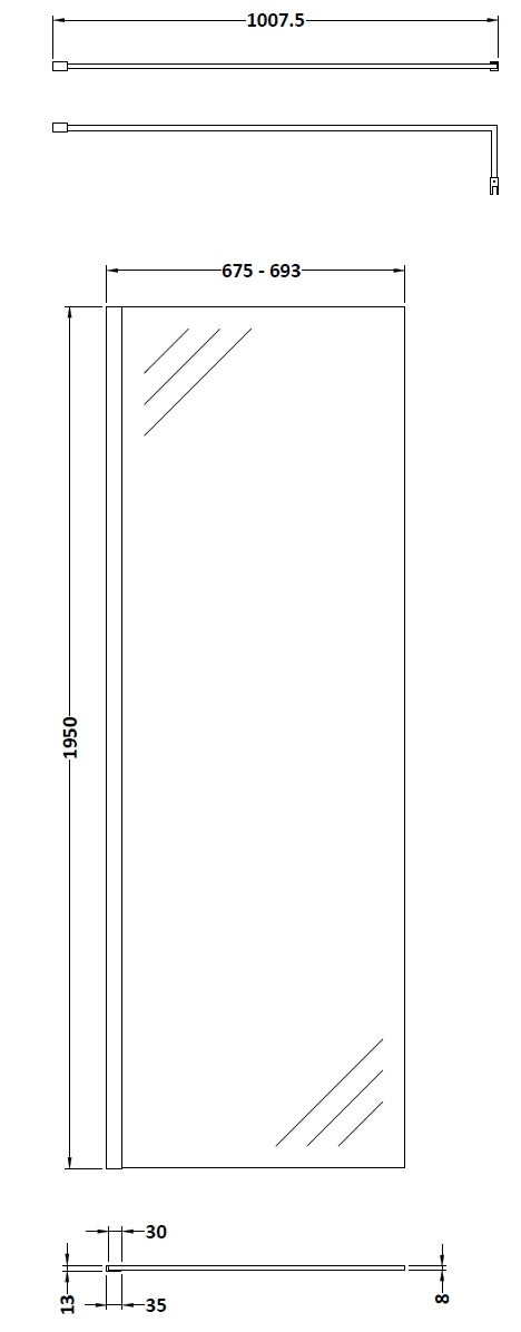 Vista 8mm Brushed Brass 1950mm Walk-In Shower Screen With Easy Clean Glass - 700mm wide