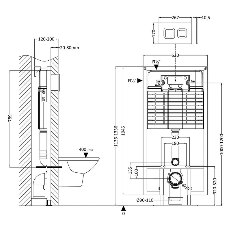 Standard Height Wall Hung WC Frame With Square Flush Plate - Matt Black