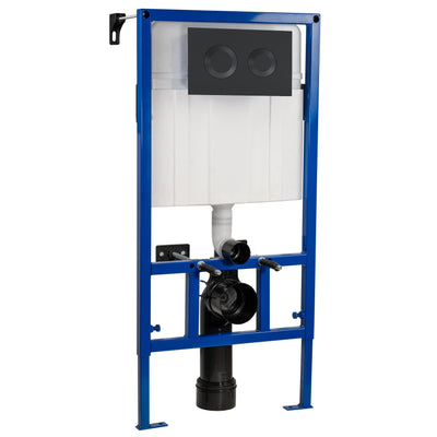 Reduced Height Wall Hung Toilet Frame with Concealed Cistern & Matt Black Round Flush Plate