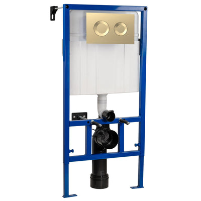 Reduced Height Wall Hung Toilet Frame with Concealed Cistern & Brushed Brass Round Flush Plate