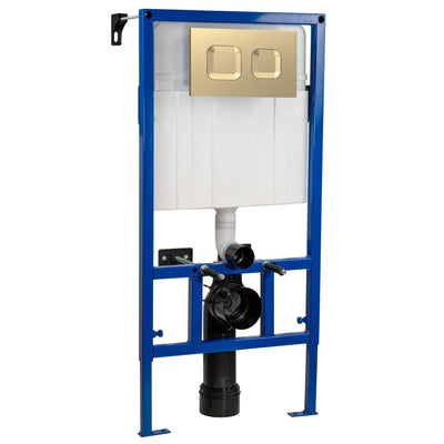 Reduced Height Wall Hung Toilet Frame with Concealed Cistern & Brushed Brass Square Flush Plate