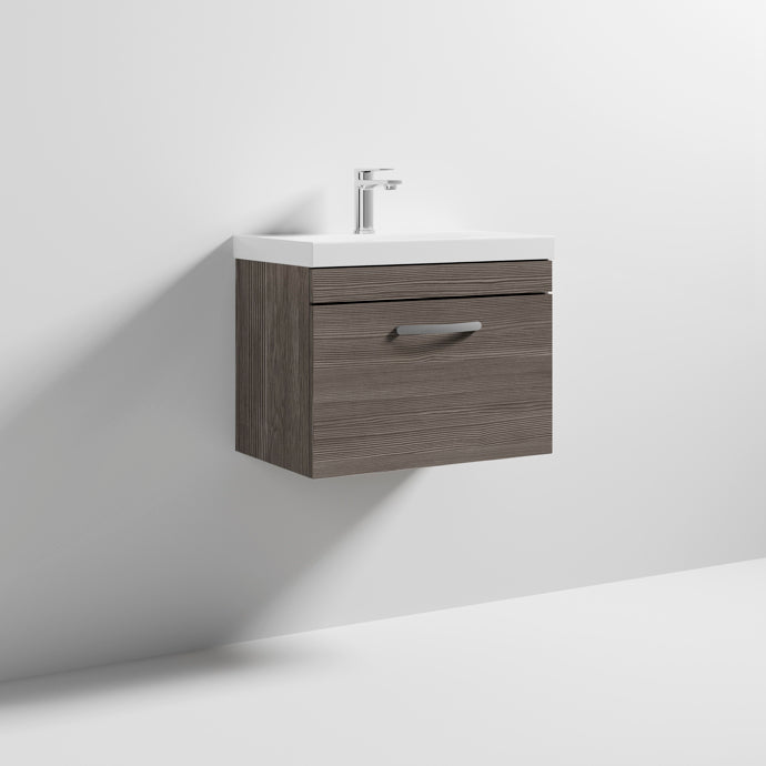 Cape 600mm Wall Hung Single Drawer Vanity Unit & Thin Edge Basin - Anthracite Woodgrain