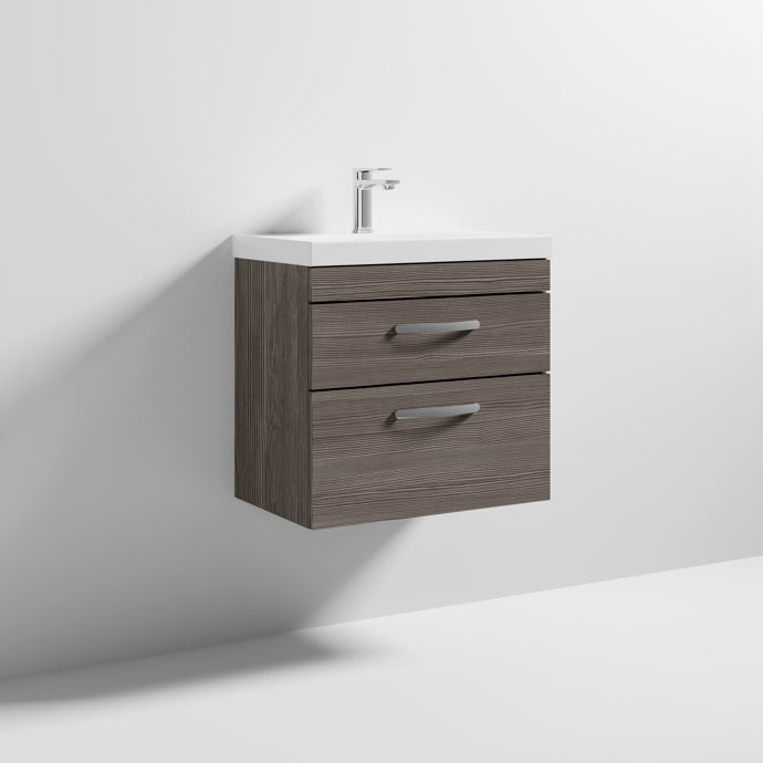 Cape 600mm Wall Hung 2 Drawer Vanity Unit & Thin Edge Basin - Anthracite Woodgrain