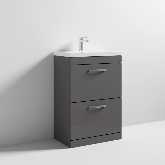 Cape 600mm Floor Standing 2 Drawer Vanity Unit & Mid-Edge Basin - Gloss Grey