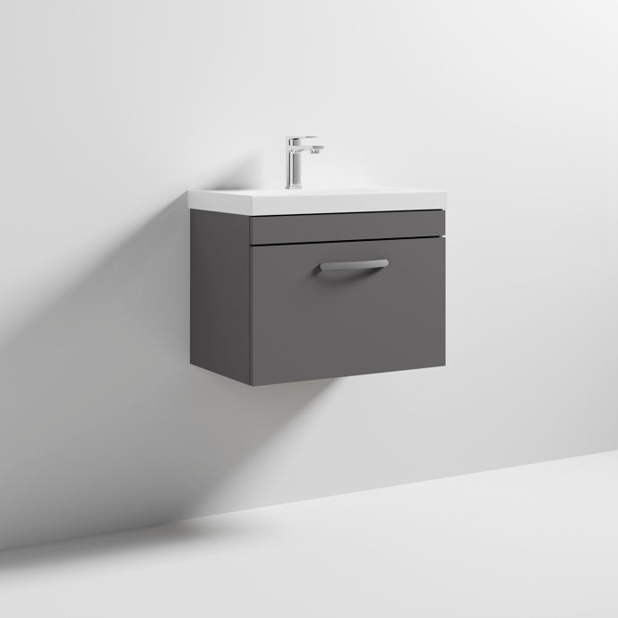 Cape 600mm Wall Hung Single Drawer Vanity Unit & Thin Edge Basin - Gloss Grey