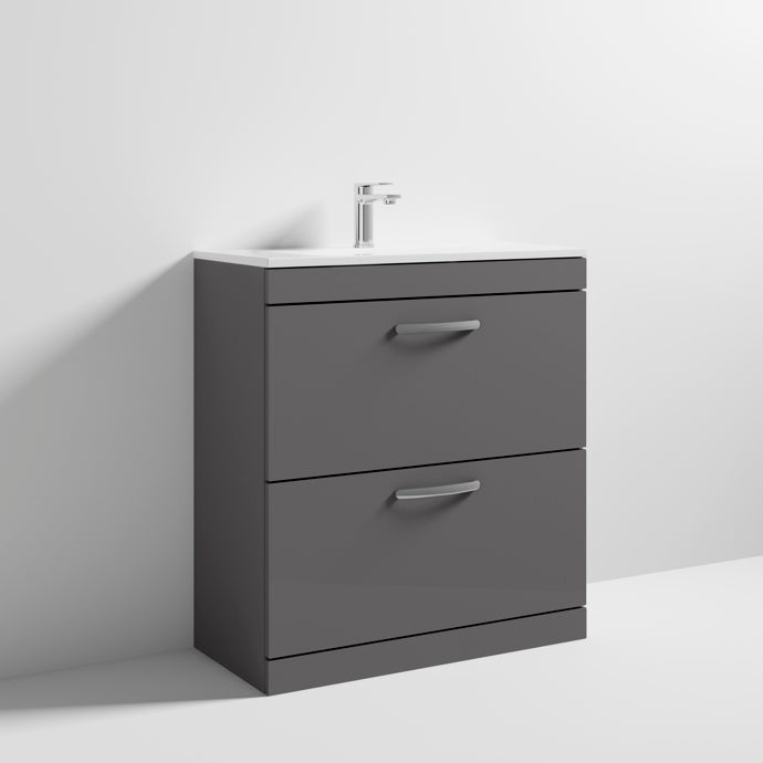 Cape 800mm Floor Standing 2 Drawer Vanity Unit & Minimalist Basin - Gloss Grey