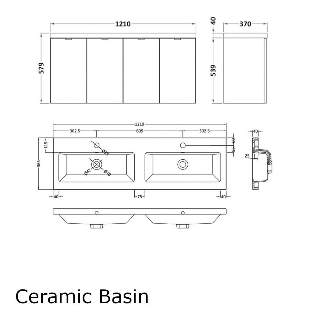 Hudson Reed Fusion Wall Hung 1200mm Vanity Unit With 4 Doors & Twin Basin