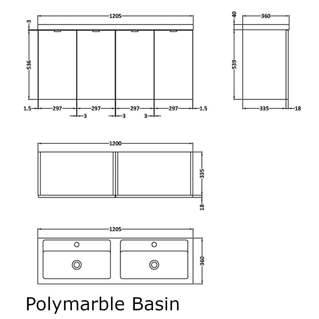Hudson Reed Fusion Wall Hung 1200mm Vanity Unit With 4 Doors & Twin Basin