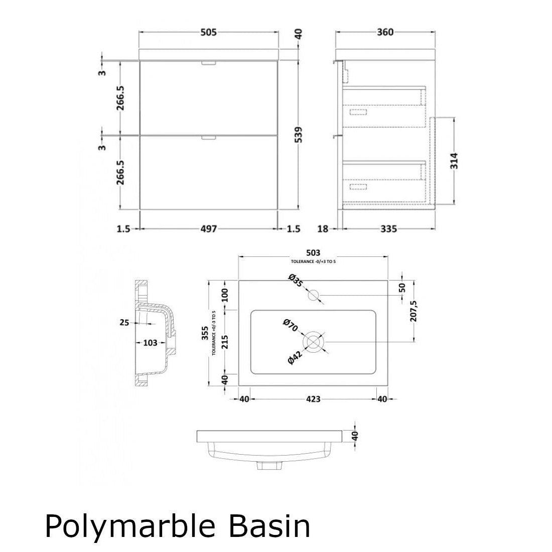 Hudson Reed Fusion Wall Hung 500mm Vanity Unit With 2 Drawers & Basin