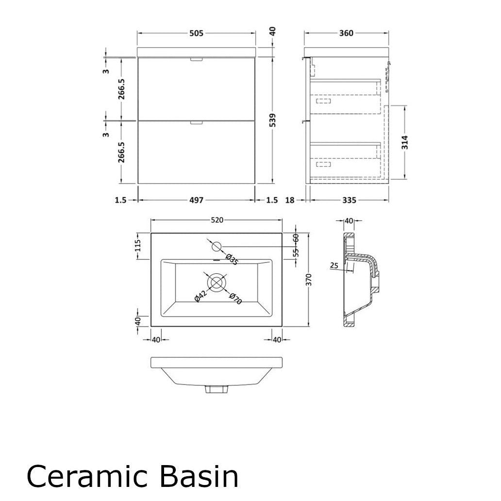 Hudson Reed Fusion Wall Hung 500mm Vanity Unit With 2 Drawers & Basin