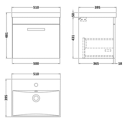 Cape 500mm Wall Hung Single Drawer Vanity Unit & Thin Edge Basin - Gloss Grey